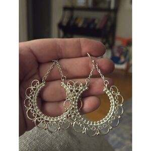 Silvertone Lacy Filagree Dangle Hoopsm Earrings Vintage Boho